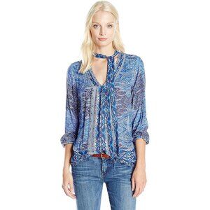 Lucky Brand Womens Blue Paisley Blouse Tie Neck Long Sleeve